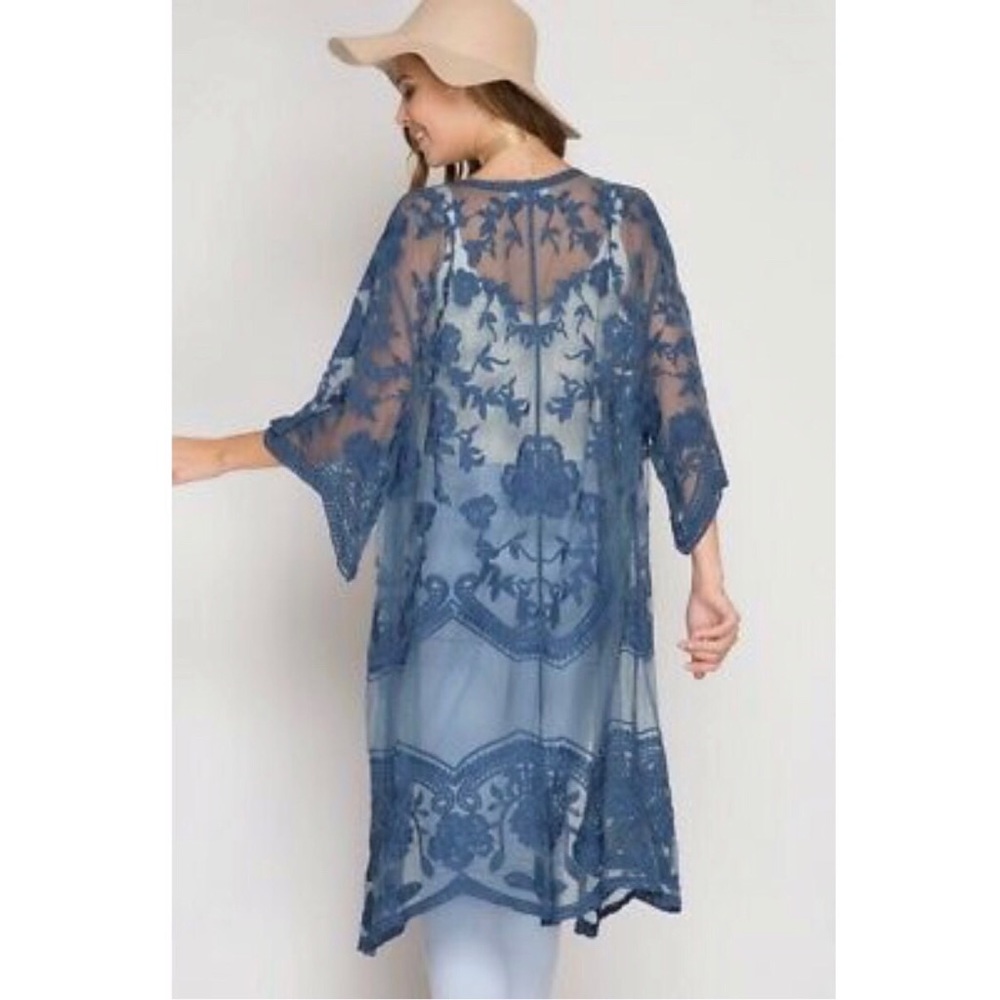 • 2X H P • Crochet Lace Midi Duster Kimono - Blue - Picture 2 of 8